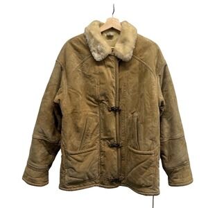 Gallery Tan Suede Shearling Lined leather Coat clasp Closure Faux Fur Trim Small